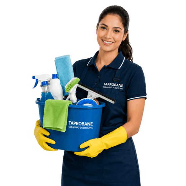 Professional Taprobane Cleaning Solutions cleaner holding cleaning supplies in Auckland