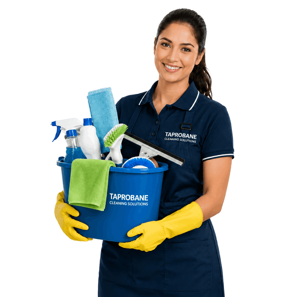 Professional Taprobane Cleaning Solutions cleaner holding cleaning supplies in Auckland