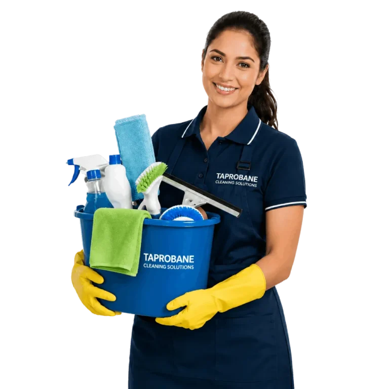 Professional Taprobane Cleaning Solutions cleaner holding cleaning supplies in Auckland